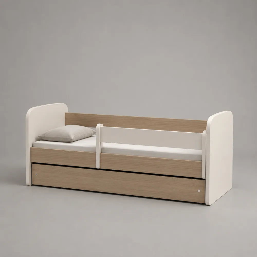 Letto singolo con cassetto contenitore in legno composito bianco e rovere 90x200 cm