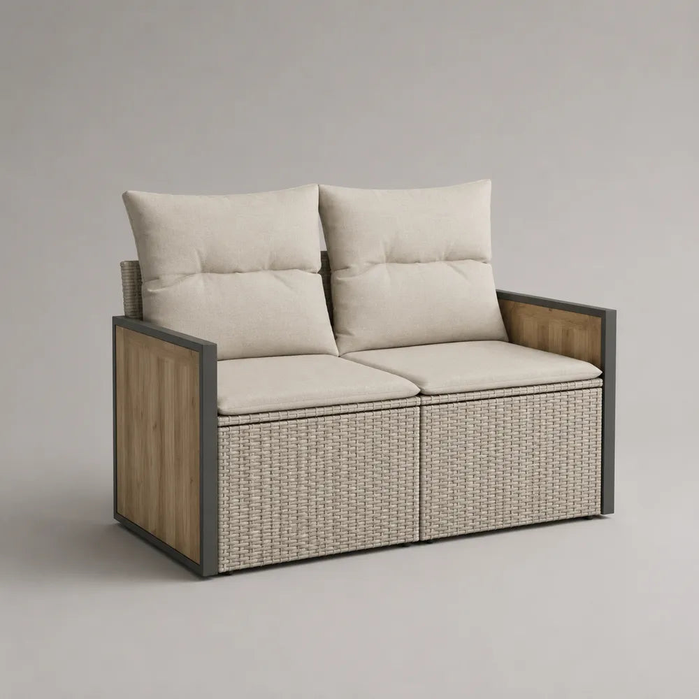 Divano da giardino 2 posti imbottito in tessuto poliestere con struttura in acciaio rattan sintetico e pannelli effetto legno beige marrone 160 x 80 x 85 cm