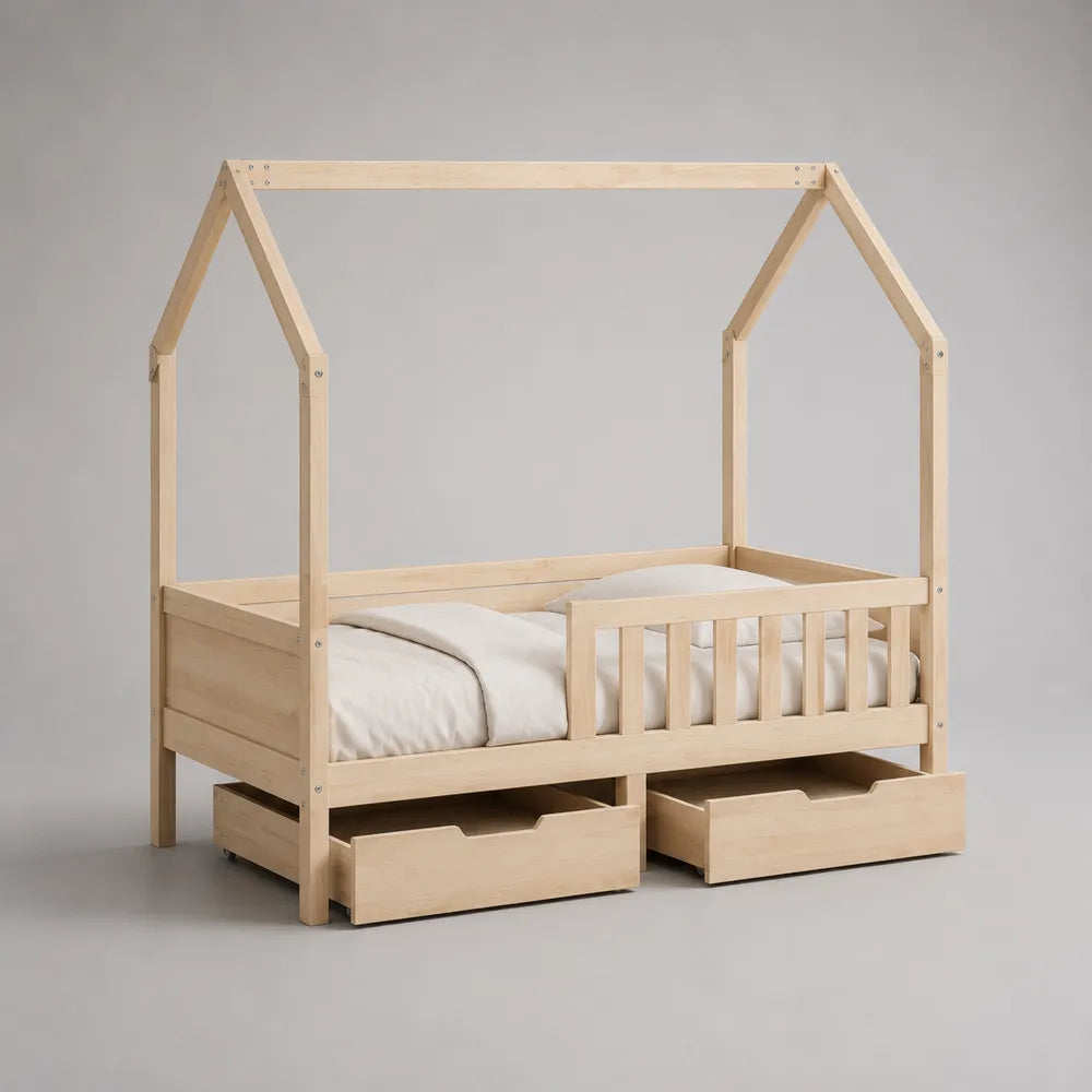 Letto singolo a casetta in legno massello naturale con cassetti contenitore 90 x 200 cm
