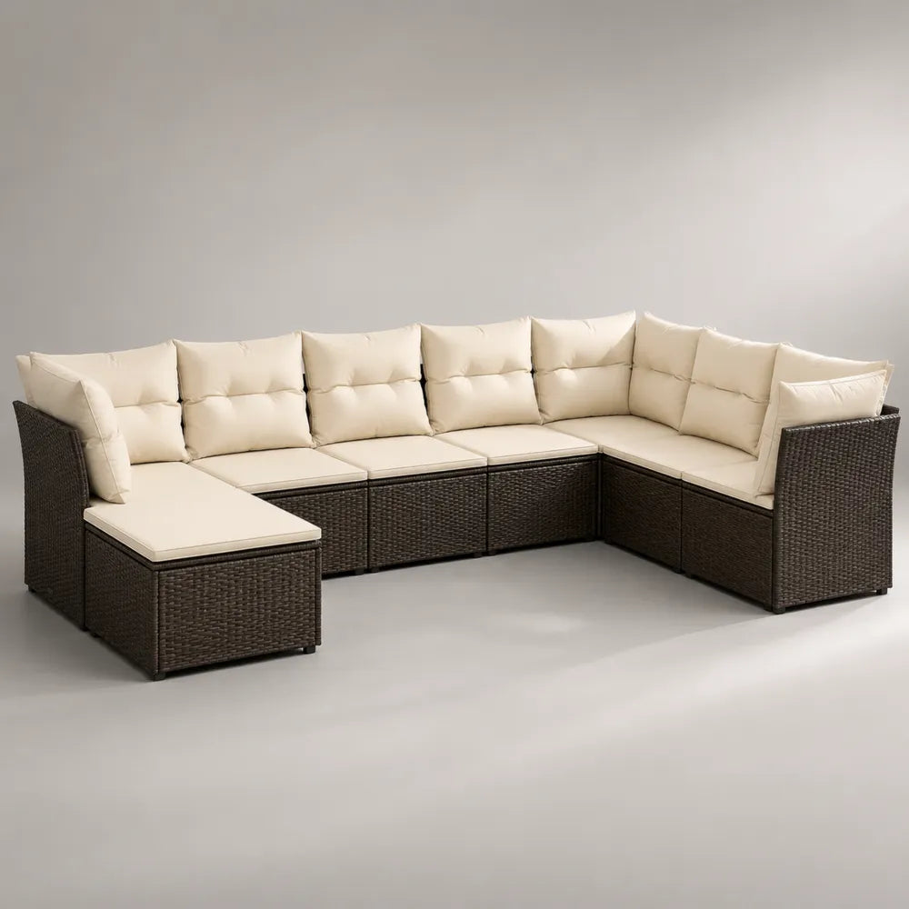 Divano da giardino angolare modulare in rattan sintetico marrone con cuscini beige 360x260x75 cm