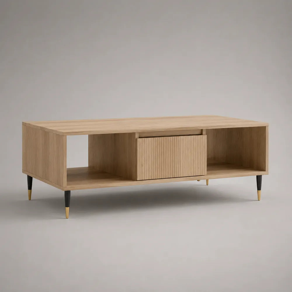 Tavolino da caffè rettangolare in MDF effetto rovere chiaro con cassetto e vani aperti 180 x 60 x 45 cm