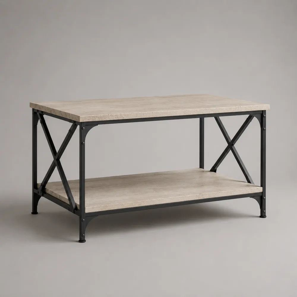 Tavolino da caffè rettangolare con ripiano inferiore in MDF effetto marmo beige e struttura in acciaio nero 120 x 60 x 45 cm