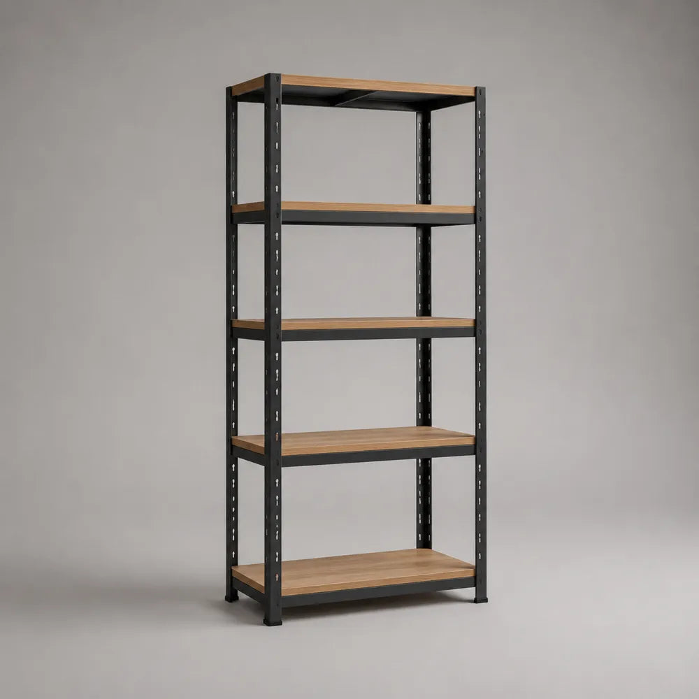 Scaffale libreria rettangolare in acciaio nero con ripiani MDF effetto rovere chiaro 90x40x180 cm