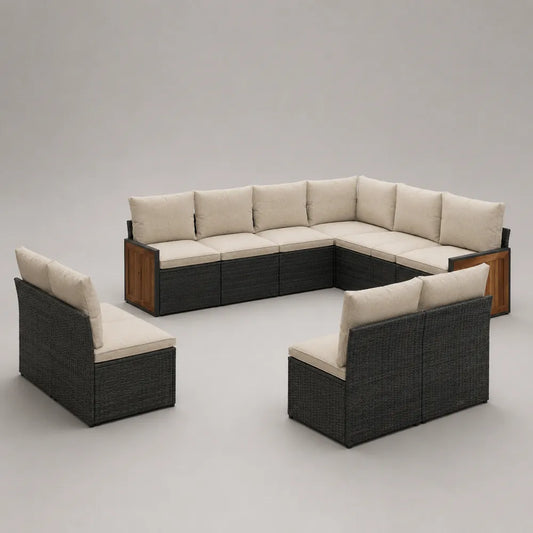 Set divano da giardino modulare angolare in rattan sintetico nero con cuscini beige 300x300x75 cm