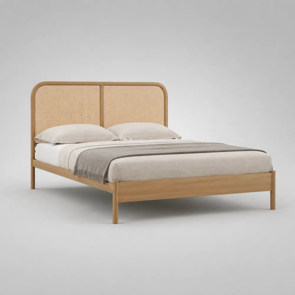 Letto matrimoniale in legno massello con testiera in rattan naturale intrecciato 160x200 cm