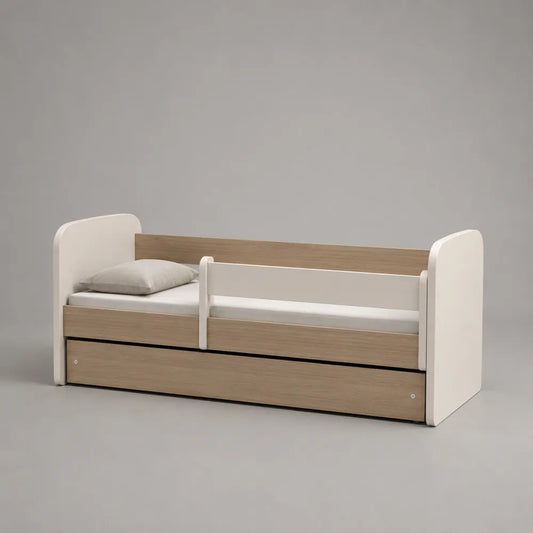 Letto singolo con cassetto contenitore in legno composito bianco e rovere 90x200 cm