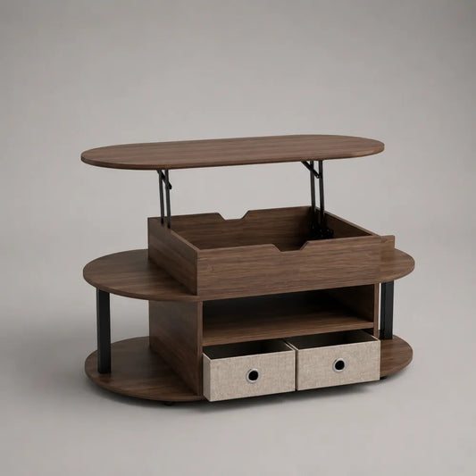 Tavolino da caffè elevabile ovale in MDF effetto noce marrone con cassetti e vani aperti 120x60x45 cm