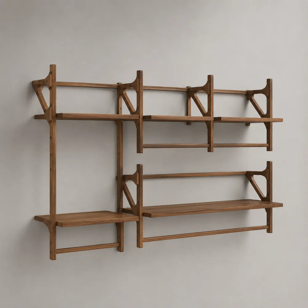 Scaffale da parete in legno marrone con ripiani aperti struttura rettangolare 240x30x180 cm