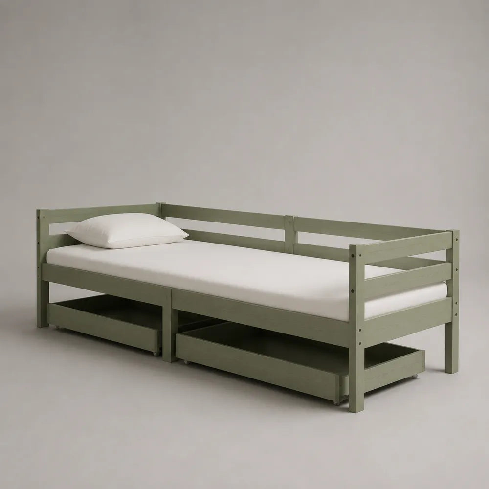 Letto singolo con cassetti contenitore in legno massello verde salvia 90 x 200 cm
