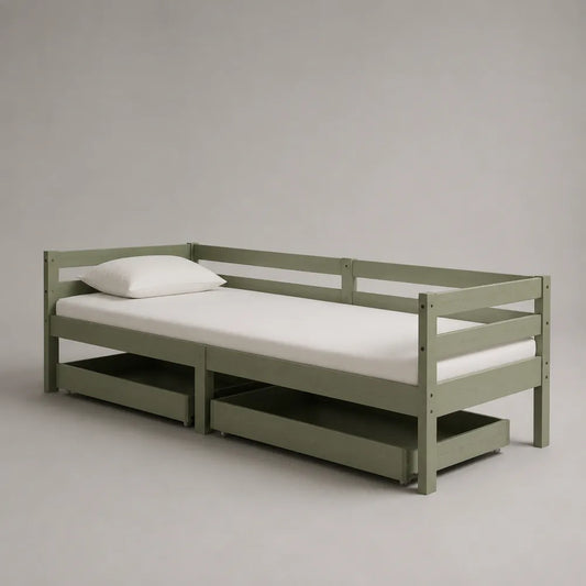 Letto singolo con cassetti contenitore in legno massello verde salvia 90 x 200 cm