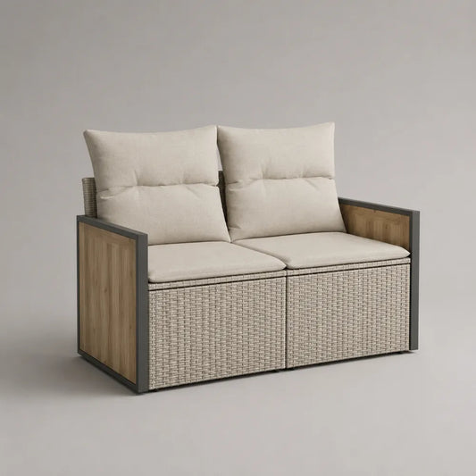 Divano da giardino 2 posti imbottito in tessuto poliestere con struttura in acciaio rattan sintetico e pannelli effetto legno beige marrone 160 x 80 x 85 cm