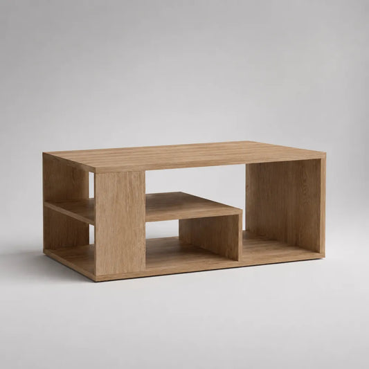 Tavolino da caffè rettangolare in MDF rovere chiaro con vani aperti 120x60x45 cm