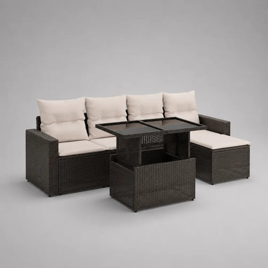 Set divano da giardino modulare in rattan sintetico nero con cuscini beige e tavolino elevabile 250 x 180 x 75 cm