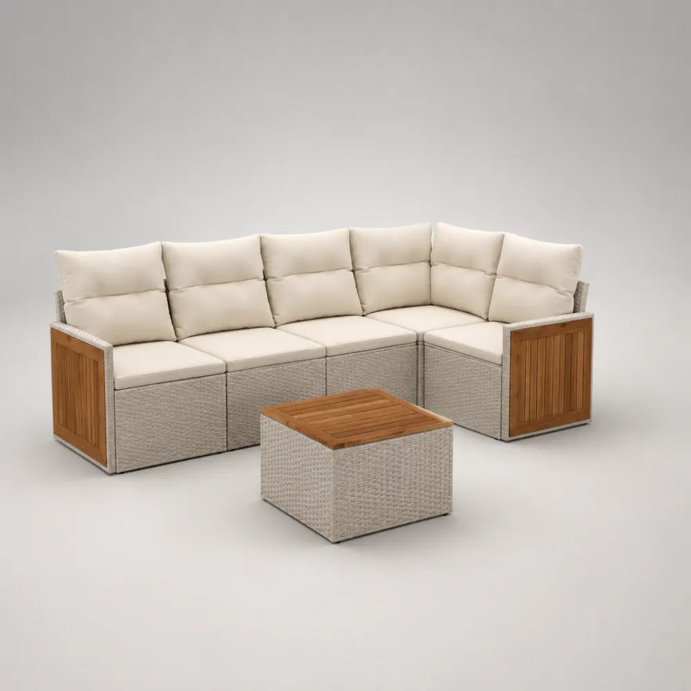Set divano da giardino angolare modulare con tavolino in rattan sintetico legno e cuscini beige 300 x 220 x 70 cm