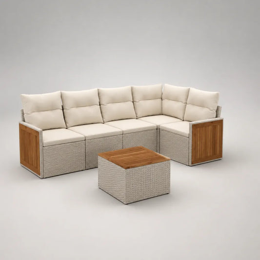 Set divano da giardino angolare modulare con tavolino in rattan sintetico legno e cuscini beige 300 x 220 x 70 cm