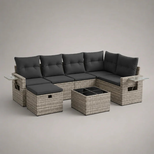 Set divano da giardino modulare angolare in rattan sintetico con tavolino in vetro e cuscini tessuto poliestere grigio nero 280 x 210 x 75 cm
