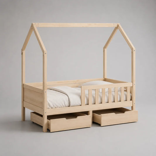 Letto singolo a casetta in legno massello naturale con cassetti contenitore 90 x 200 cm