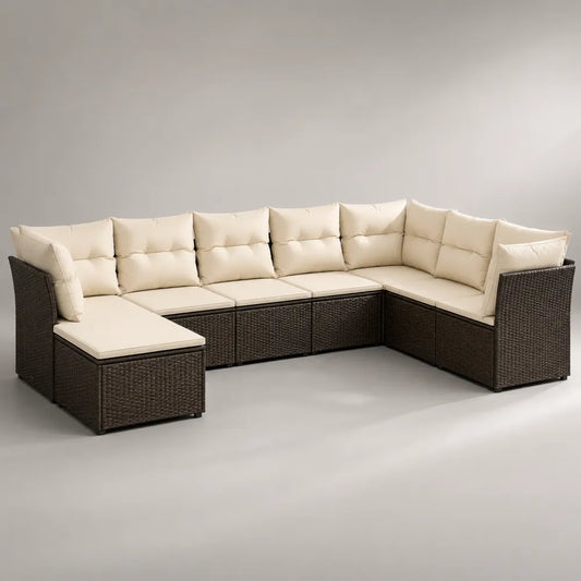 Divano da giardino angolare modulare in rattan sintetico marrone con cuscini beige 360x260x75 cm