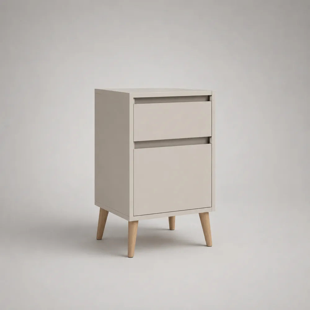 Comodino beige in MDF con 2 cassetti e gambe in legno 45 x 40 x 70 cm