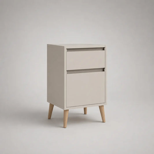 Comodino beige in MDF con 2 cassetti e gambe in legno 45 x 40 x 70 cm