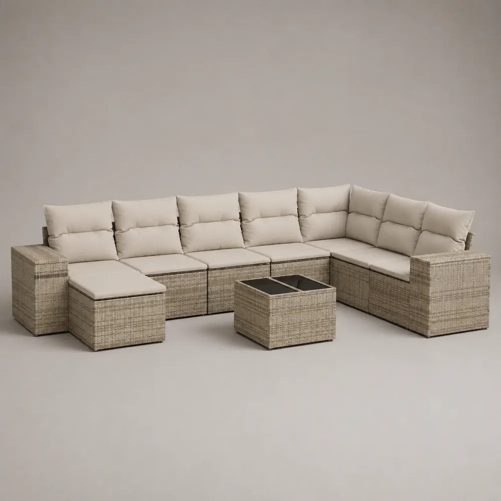 Set divano da giardino modulare angolare in rattan sintetico beige con cuscini crema e tavolino in vetro 300 x 220 x 75 cm