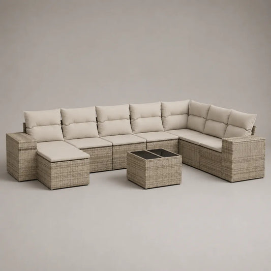 Set divano da giardino modulare angolare in rattan sintetico beige con cuscini crema e tavolino in vetro 300 x 220 x 75 cm