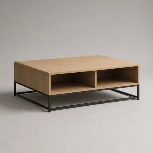 Tavolino da caffè rettangolare in MDF effetto rovere chiaro con struttura in metallo nero 120x70x45 cm