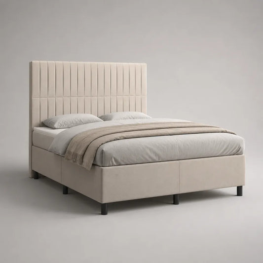 Letto matrimoniale imbottito in tessuto poliestere beige con testiera verticale rettangolare 160 x 200 x 110 cm