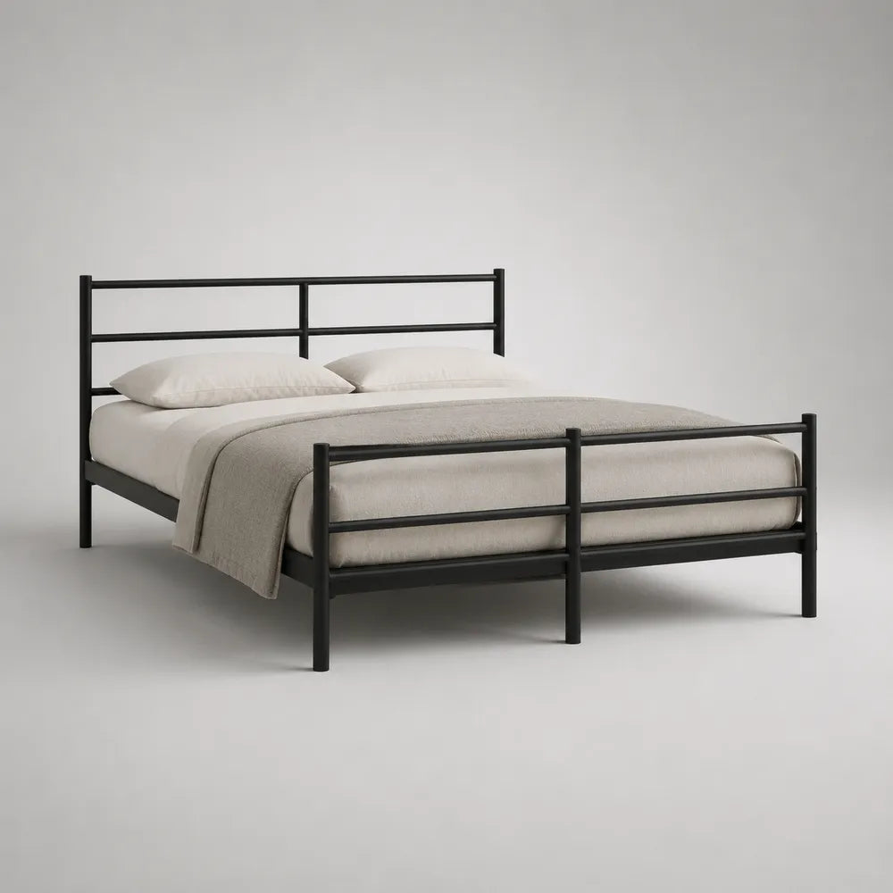 Letto matrimoniale in acciaio verniciato nero con testiera e pediera rettangolare 160 x 200 cm