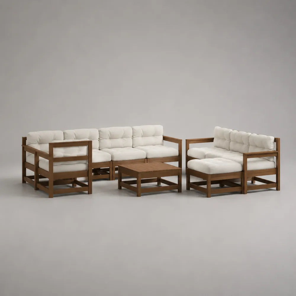 Set divano da giardino modulare con tavolino in legno massello e cuscini beige 360 x 220 x 75 cm