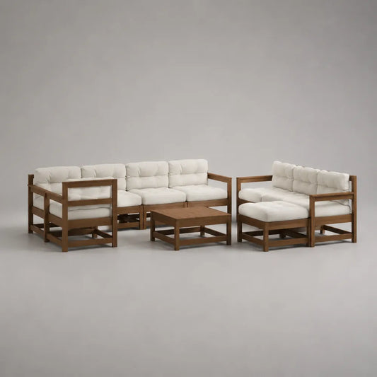Set divano da giardino modulare con tavolino in legno massello e cuscini beige 360 x 220 x 75 cm