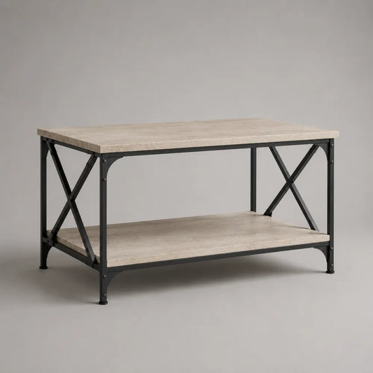 Tavolino da caffè rettangolare con ripiano inferiore in MDF effetto marmo beige e struttura in acciaio nero 120 x 60 x 45 cm