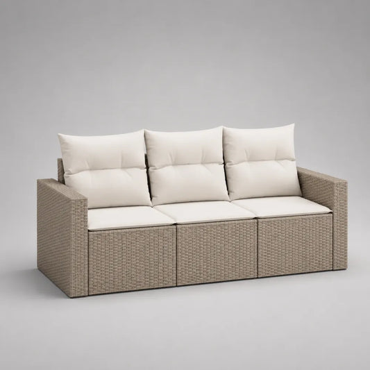Divano da giardino 3 posti in rattan sintetico con cuscini in poliestere beige e bianco 220 x 85 x 75 cm