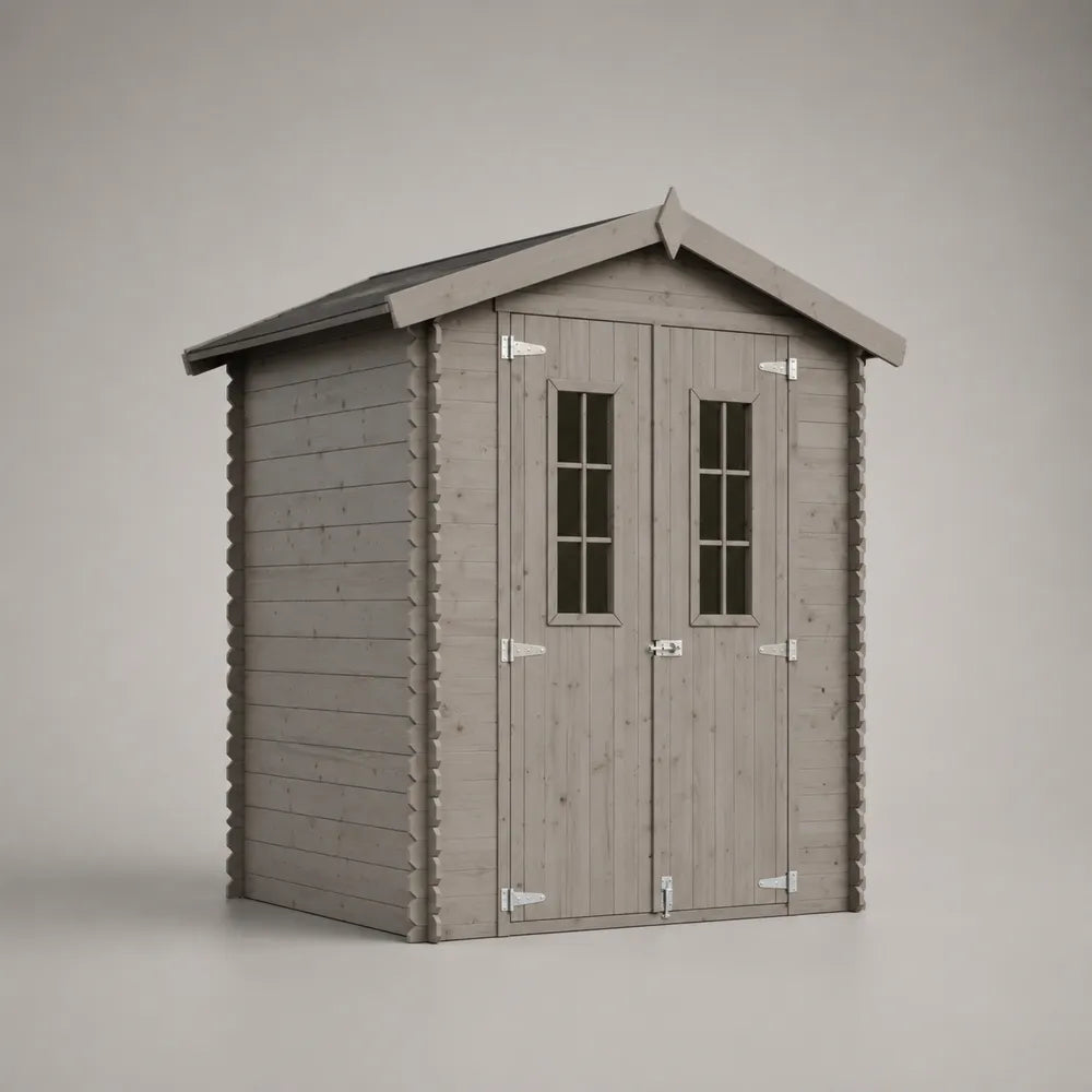 Casetta da giardino in legno massello grigio con porta doppia e finestre tetto a doppia falda 200 x 200 x 220 cm