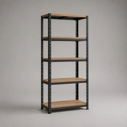 Scaffale libreria rettangolare in acciaio nero con ripiani MDF effetto rovere chiaro 90x40x180 cm