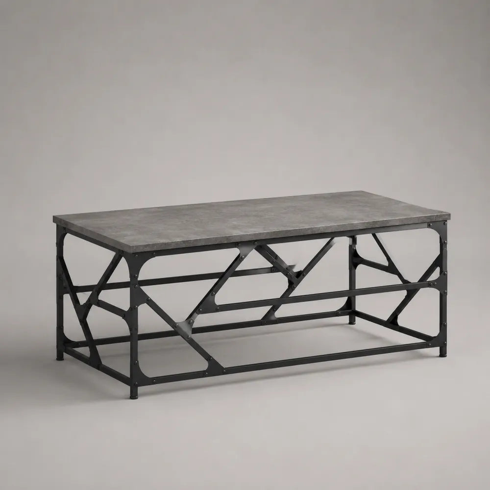 Tavolino da caffè rettangolare in acciaio nero con piano MDF effetto cemento grigio 120x60x45 cm