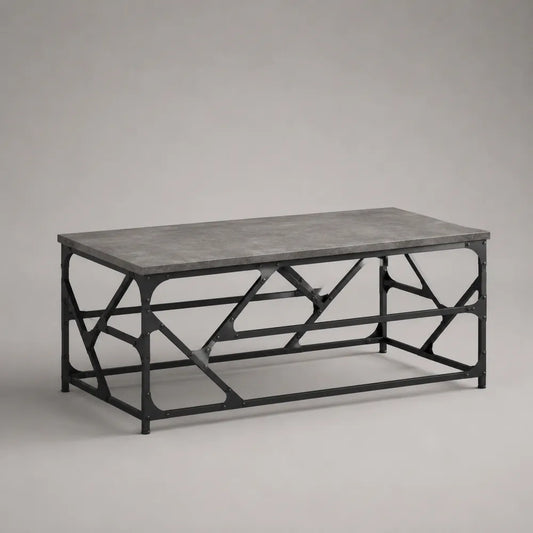 Tavolino da caffè rettangolare in acciaio nero con piano MDF effetto cemento grigio 120x60x45 cm