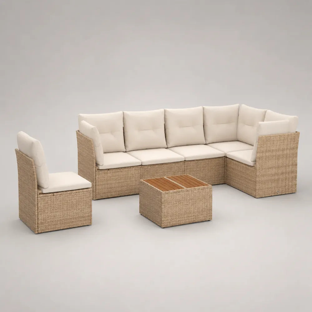 Set divano da giardino angolare modulare con tavolino in rattan sintetico e cuscini beige 270 x 210 x 68 cm