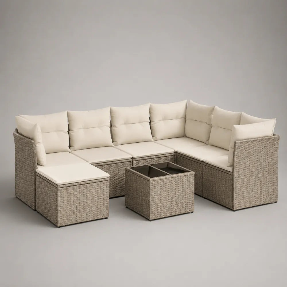 Divano da giardino angolare modulare in rattan sintetico beige con cuscini beige e tavolino contenitore 360x260x75 cm