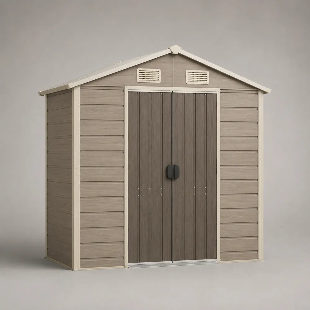 Casetta da giardino in resina beige e marrone con doppia porta e tetto a due falde 250 x 190 x 220 cm