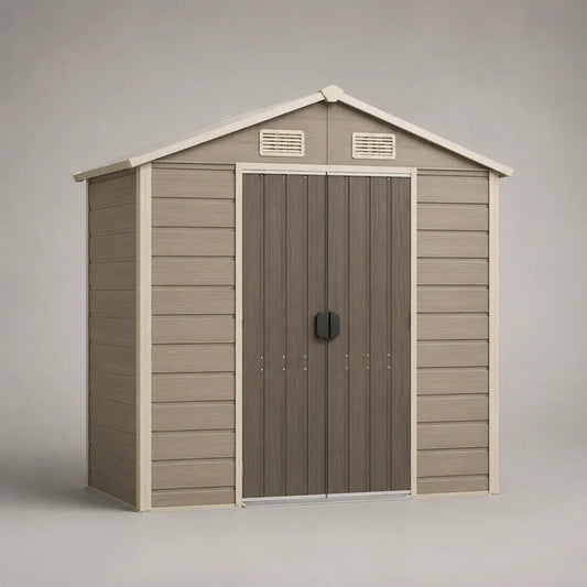 Casetta da giardino in resina beige e marrone con doppia porta e tetto a due falde 250 x 190 x 220 cm