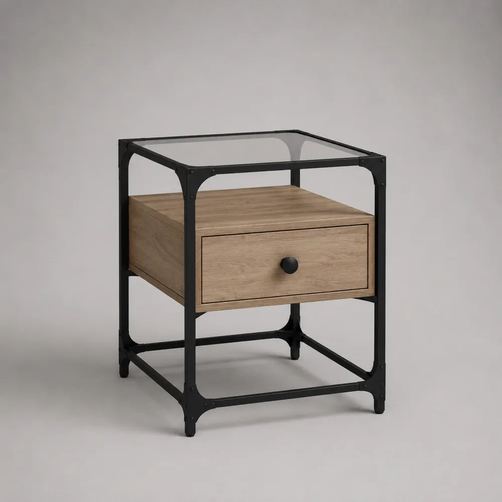 Comodino con cassetto in MDF e acciaio nero con piano in vetro trasparente struttura rettangolare 50x40x55 cm