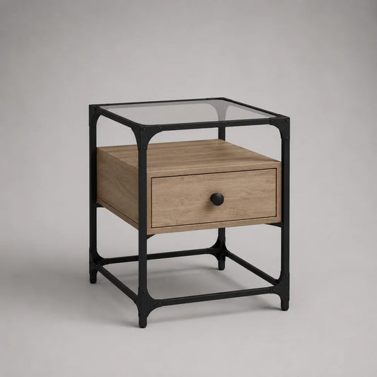 Comodino con cassetto in MDF e acciaio nero con piano in vetro trasparente struttura rettangolare 50x40x55 cm