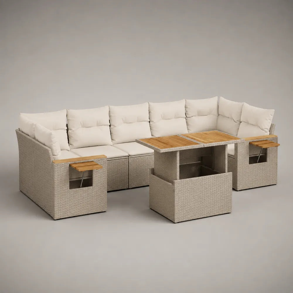 Set divano da giardino modulare 7 posti in rattan sintetico grigio con tavolo e cuscini beige rettangolare 320 x 240 x 70 cm