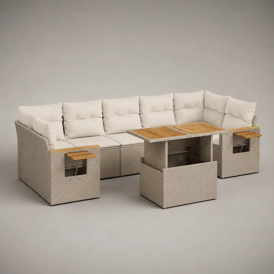 Set divano da giardino modulare 7 posti in rattan sintetico grigio con tavolo e cuscini beige rettangolare 320 x 240 x 70 cm