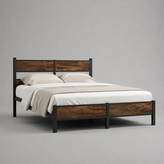 Letto matrimoniale in acciaio verniciato nero con pannelli effetto legno marrone e testiera rettangolare 160 x 200 cm